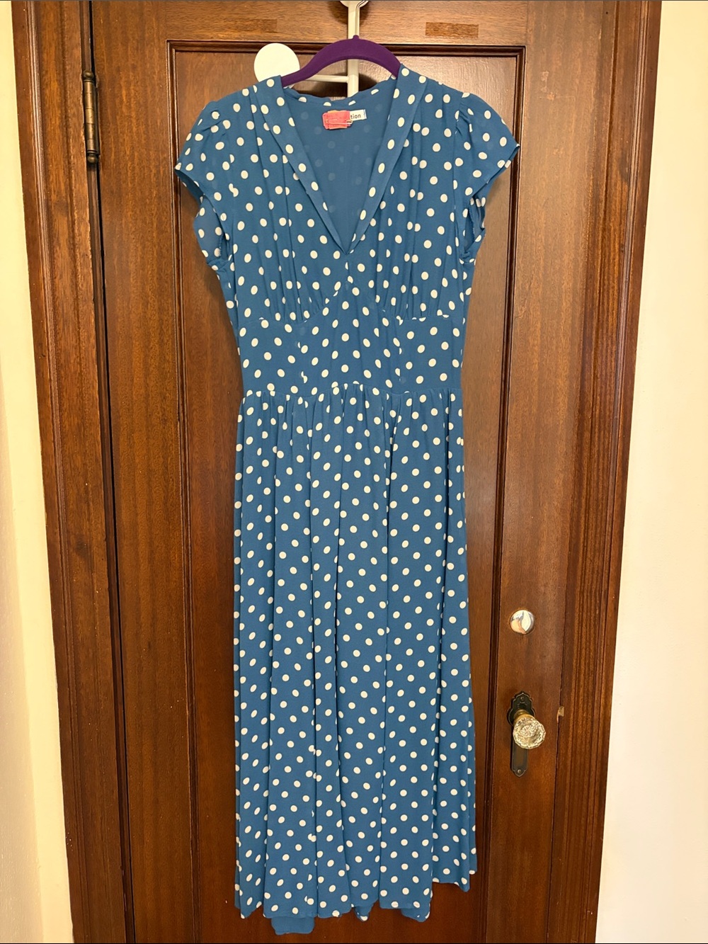 Reformation Blue Polka Dot V-Neck Midi Dress